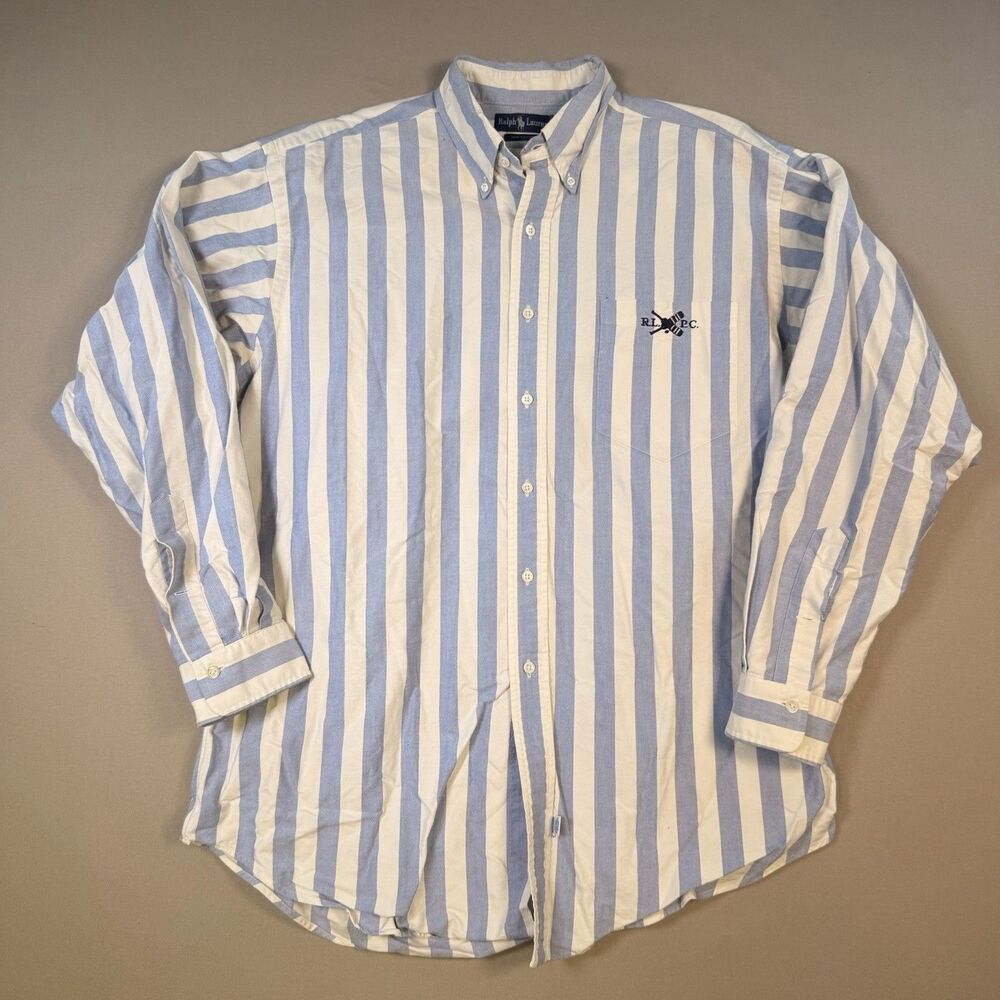 VTG Polo Ralph Lauren R.L.P.C. Blue/White Striped Oxford Shirt Mens L 90s Preppy